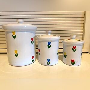 Vintage Tulip Canisters Set Of 3 With Lids Made in Italy Pottery Glazed